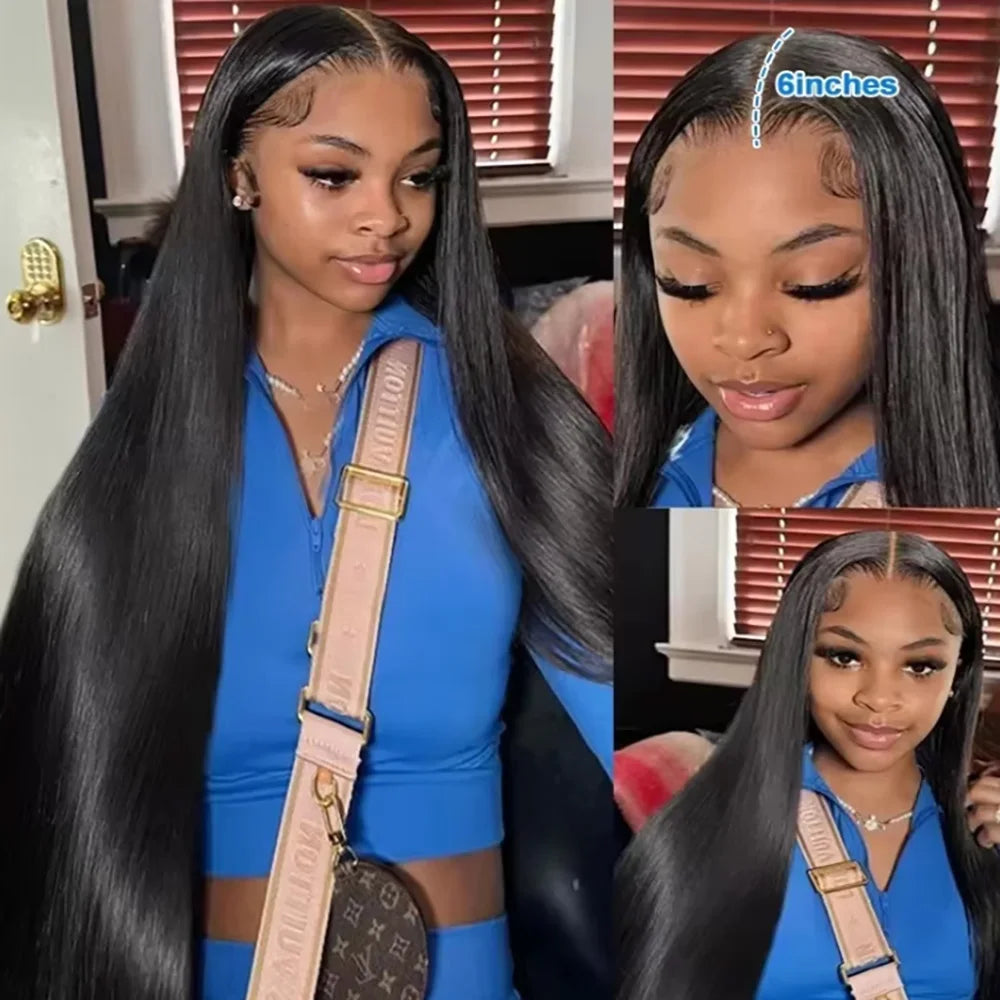 Natural Black Silky Bone Straight Extra Long Brazilian Virgin Human Hair Wig 46 Inch 13x6 HD Transparent Lace Front Pre Plucked Baby Hair Glueless Wear Go 200 Density For Black Women