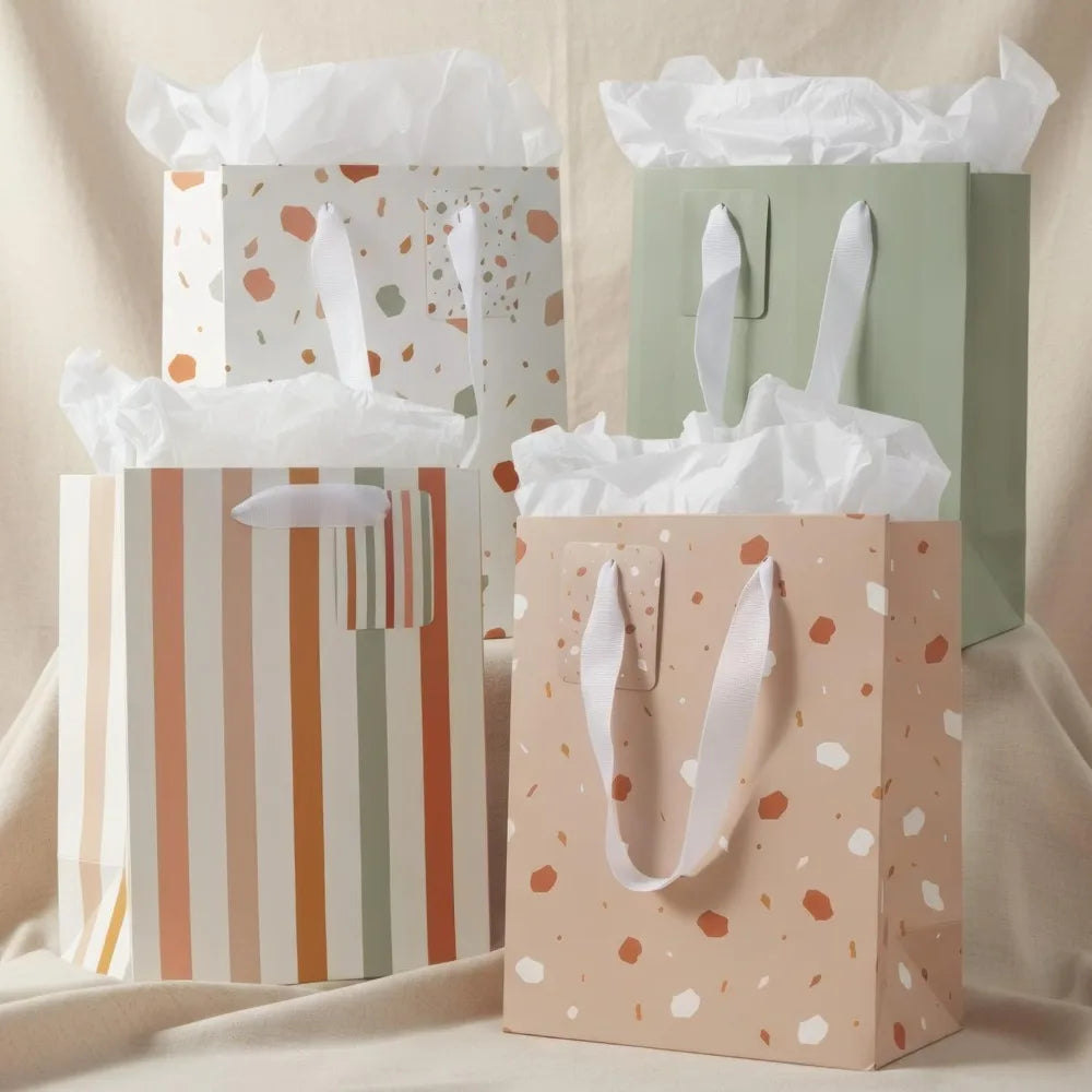 Set of 4 Medium Reusable Gift Bags with Handles Includes Matching Tissue Paper Cards Stickers for Birthday Wedding Mothers Day Presents Party Occasions
