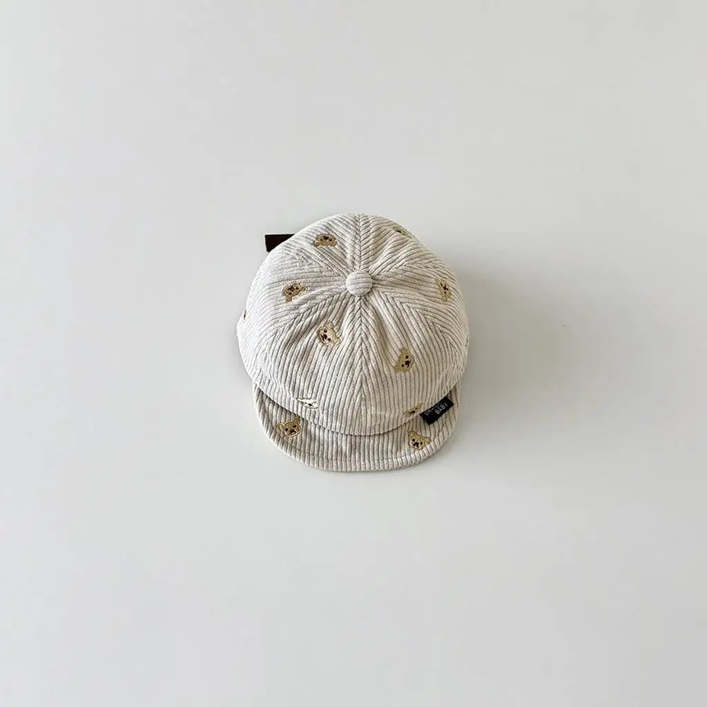 Spring Cotton Corduroy Bear Print Hat Cartoon Cute Baby Baseball Hat Solid Color Duck Tongue Cap Boys Girls Toddler Kids Hat