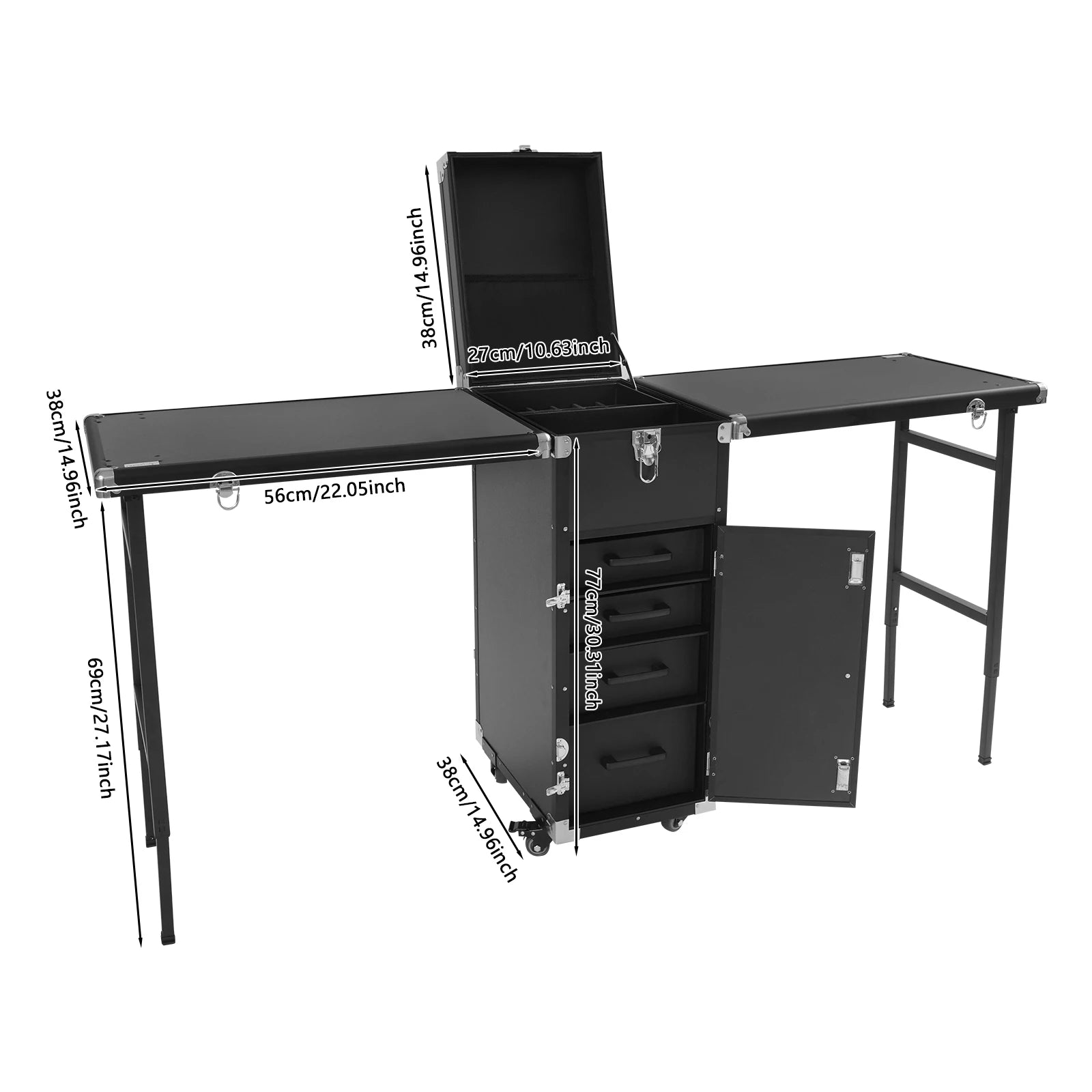Portable Nail Table Desk Rolling Makeup Cosmetic Case 100kg Load Aluminum Alloy 4 Wheels with Brakes Foldable Side Tables 2 Keys 2 Codes Lockable Organizer for Nail Technician Makeup Artist Salon Home Travel