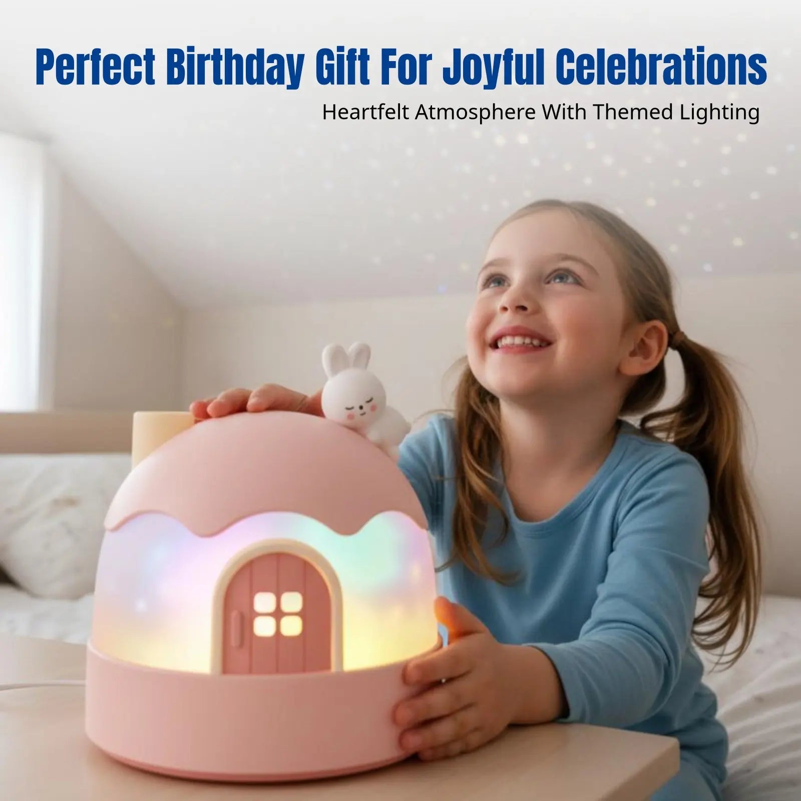 Cartoon Bunny Star Projector, Night Light Music Box for Kids, Rotating Galaxy Lamp, Girls Bedroom Ceiling, Timer