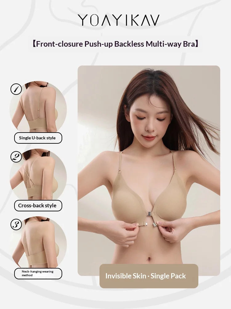 KUCLUT  Women's Front Button Cross Hanging Neck Beautiful Back Invisible Seamless Bra Gathering Without Steel Ring Underwear