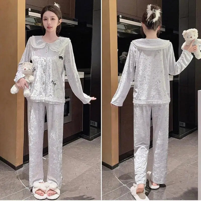 Hot New Women's Skin Friendly Comfortable Pajamas 2025 Cute Doll Collar Autumn Winter Luxury Fashion Home Furnishing Set Gift