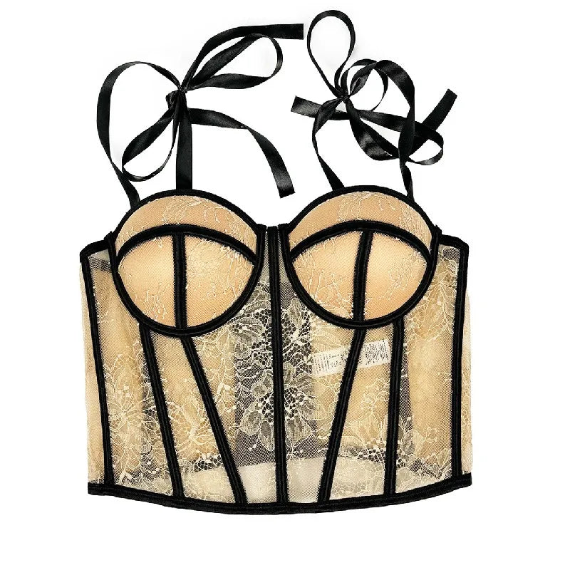 Mesh Transparent Contrasting Lines Women Bustie Sexy Bow Ribbon Ladies Corset Multi Colors Party Blackless Cropped Top Tank Top