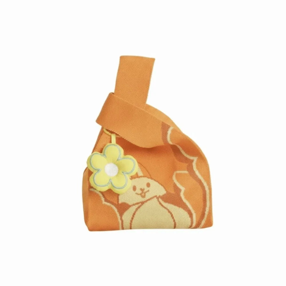 Knit Fabric Knit Wrist Bag Double Sided Thick Woven Rabbit Gift Pouch Flower Pendant Cute Cartoon Flower Charm Handbag