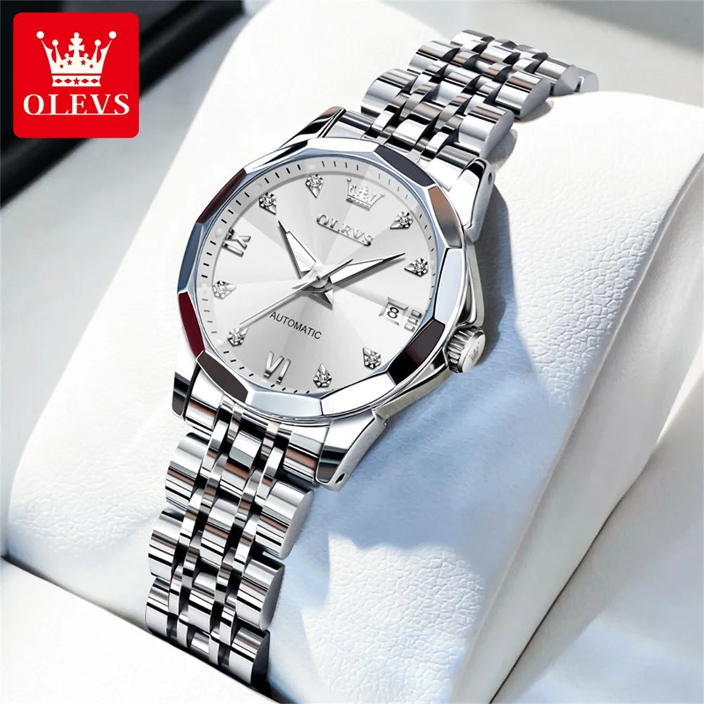 OLEVS Women's Watches Trend Elegant Sparkling Shining Diamond Scale Original Automatic Mechanical Wristwatch for Lady Waterproof