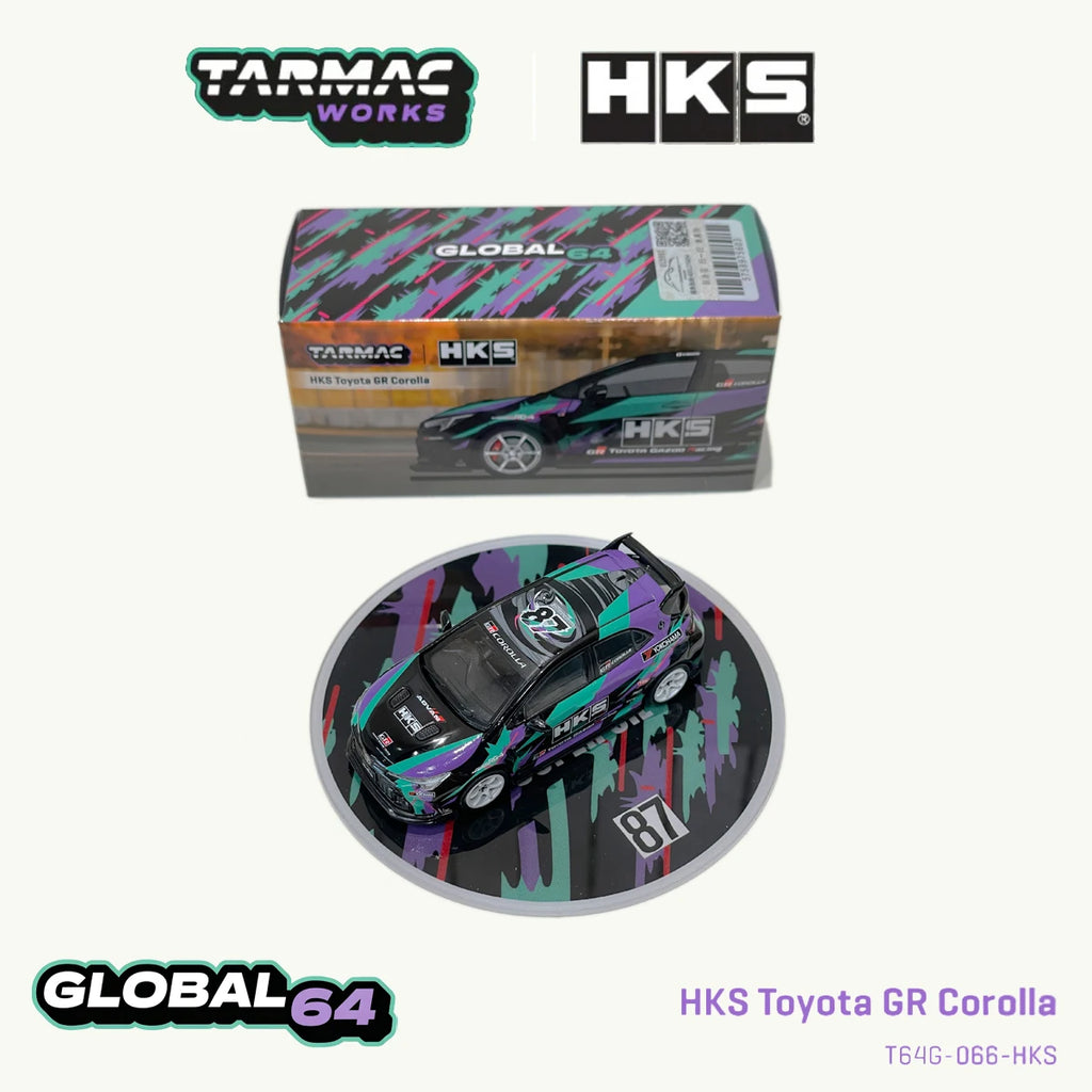 Tarmac Works T64G-066-HKS 1:64 Toyota GR Corolla HKS Co-Branded Purple Green Graphic Livery JDM Diecast Model Car In Stock