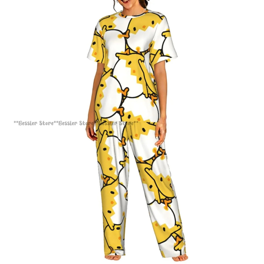 Women's 2-piece set Cartoon Chicken Pattern Pajamas Short sleeved Top and Pants Sleepwear