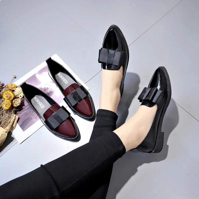 Black/ Wine Red Patent Leather Pointed Toe Flats, Bow Knot Slip-On Loafers, Versatile Dress Shoes for Daily & Business Wea