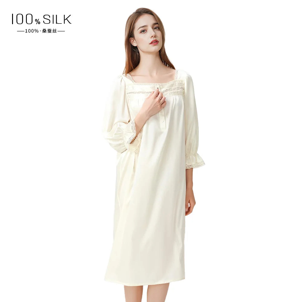 Summer New Women 100% Mulberry Silk Nightgown French Square Neck Puff Sleeve Loose Princess Dress Luxury Home Loungewear