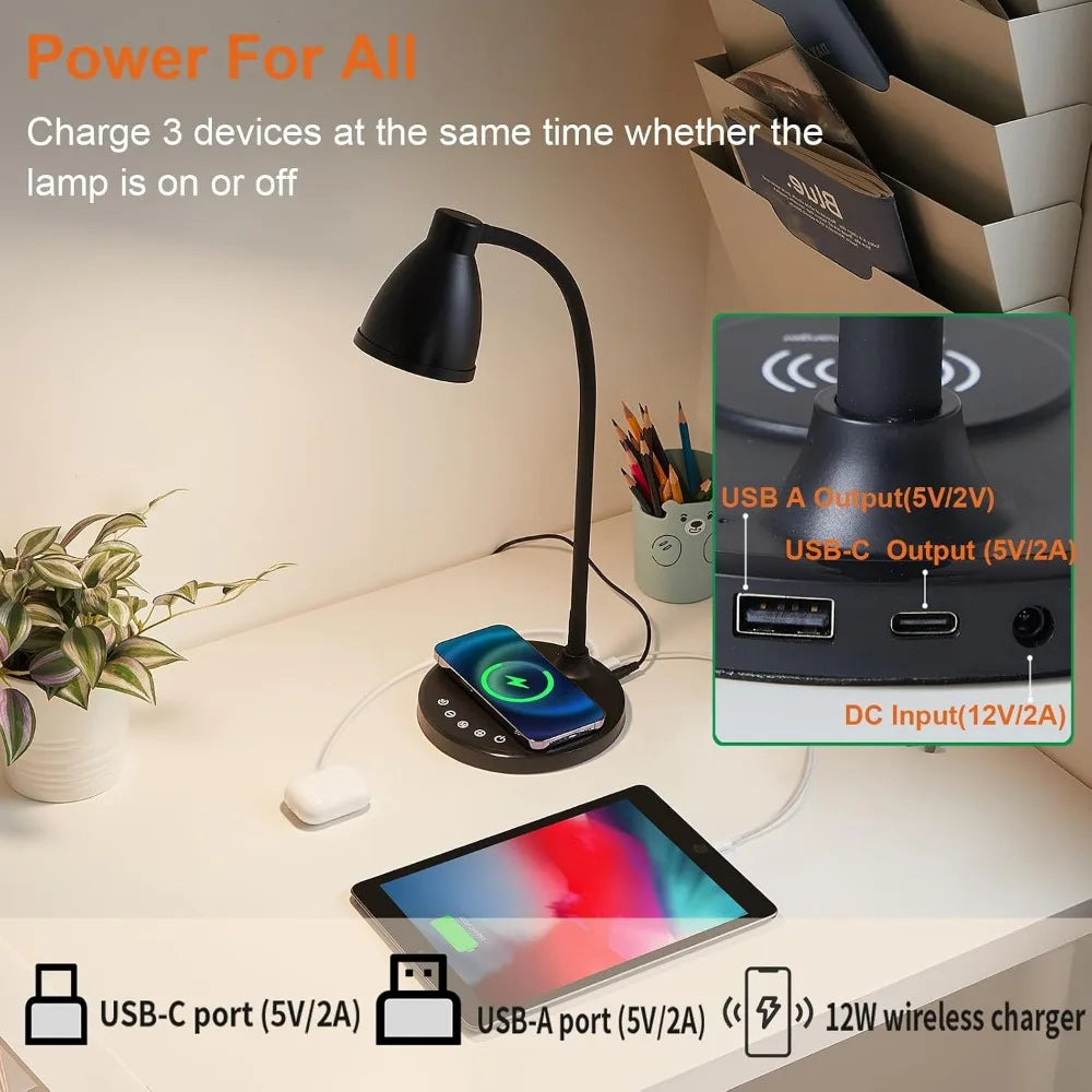 Desk Lamp with USB Charging Ports and Timer Black Lighting Options