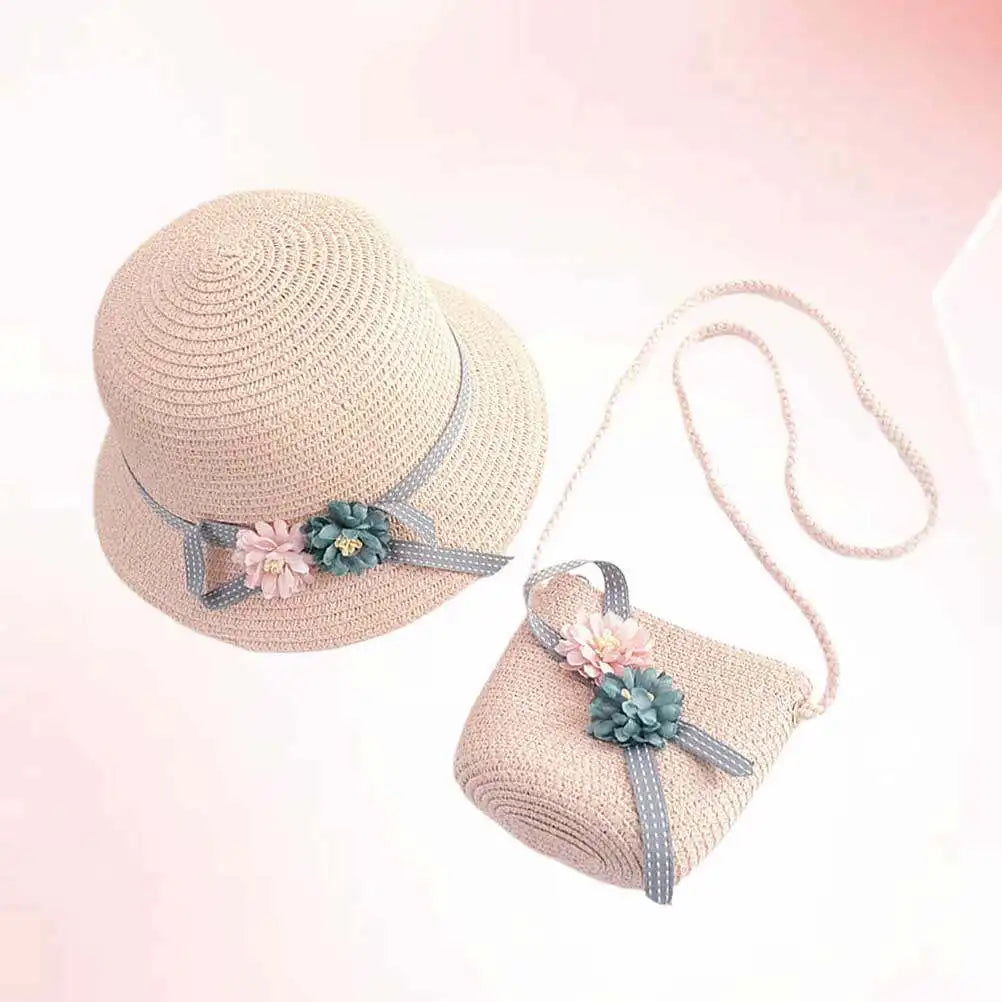 1 set 1 Wide Brim Sun Hat With Crossbody Bag Pink Beach Set For Girls Kids Cap Beach Straw Kids Straw Cap Bag Set