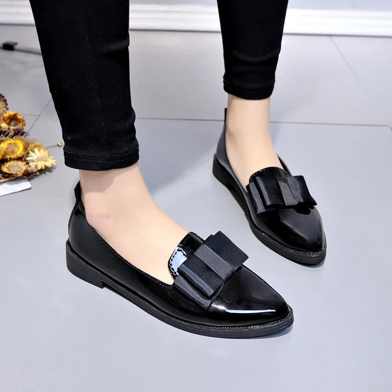 Black/ Wine Red Patent Leather Pointed Toe Flats, Bow Knot Slip-On Loafers, Versatile Dress Shoes for Daily & Business Wea
