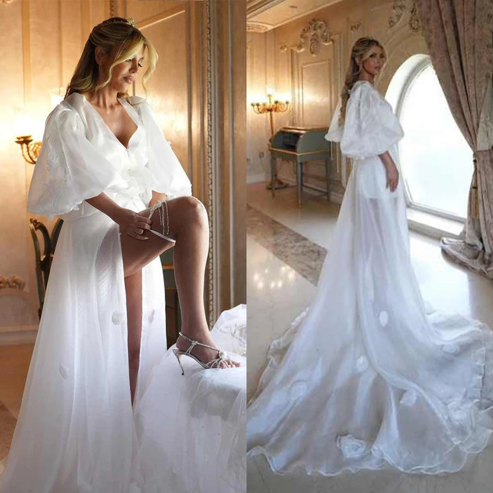 White Bridal Dresses Sheer Tulle Robe Front Split Pregnancy Maternity Robe Customized Wedding Bride Boudoir Sleepwear Nightwear