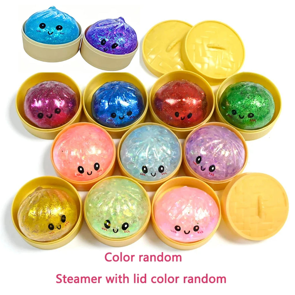 New Glitter Dumpling Squishy Sparkle Bead Steamed Bun Squeeze Toy Stress Relief Sensory Fidget Toy with Box for Adults Office