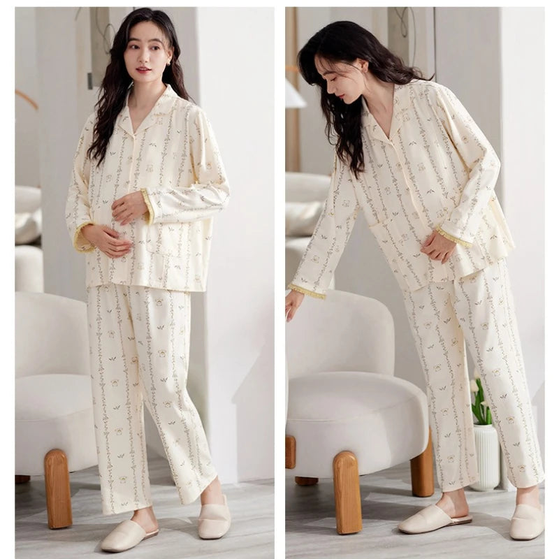 Maternity Women Pajamas Set Pregnant Pure Cotton Breastfeeding Loungewear Sweet Long Sleeve Trousers Cardigan 2 Piece Set Pjs