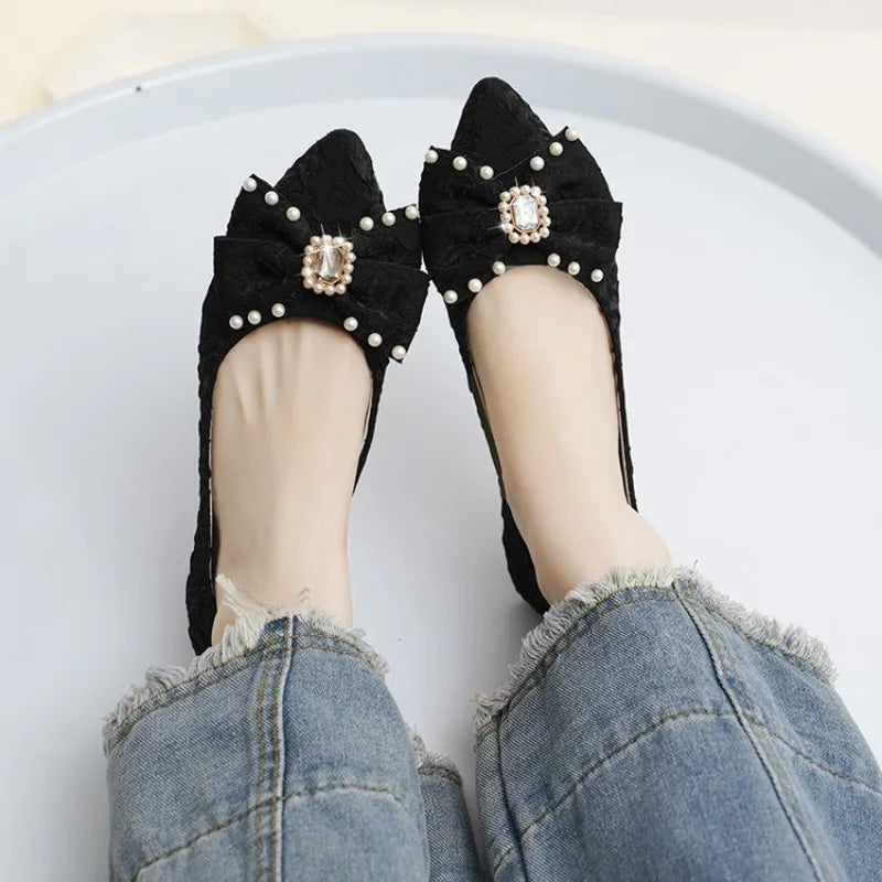 Flat Shining Shoes Womens 2026 New Bow Knot Rhinestone Fairy Style Casual Commuting Womens Comfortable Shoes Woman Shoes