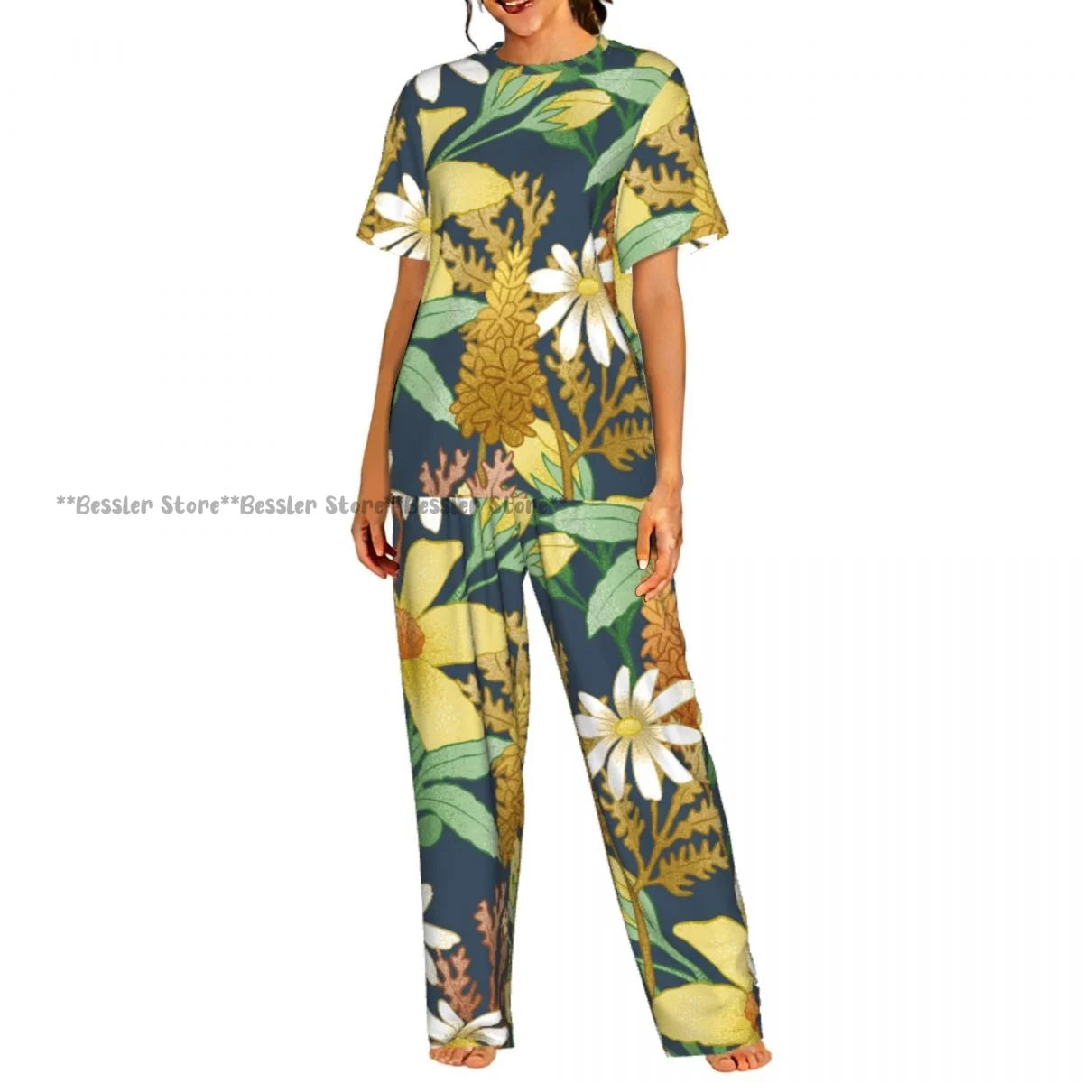 Women's 2-piece set Delicate Daisy Floral Pajamas Short sleeved Top and Pants Sleepwear
