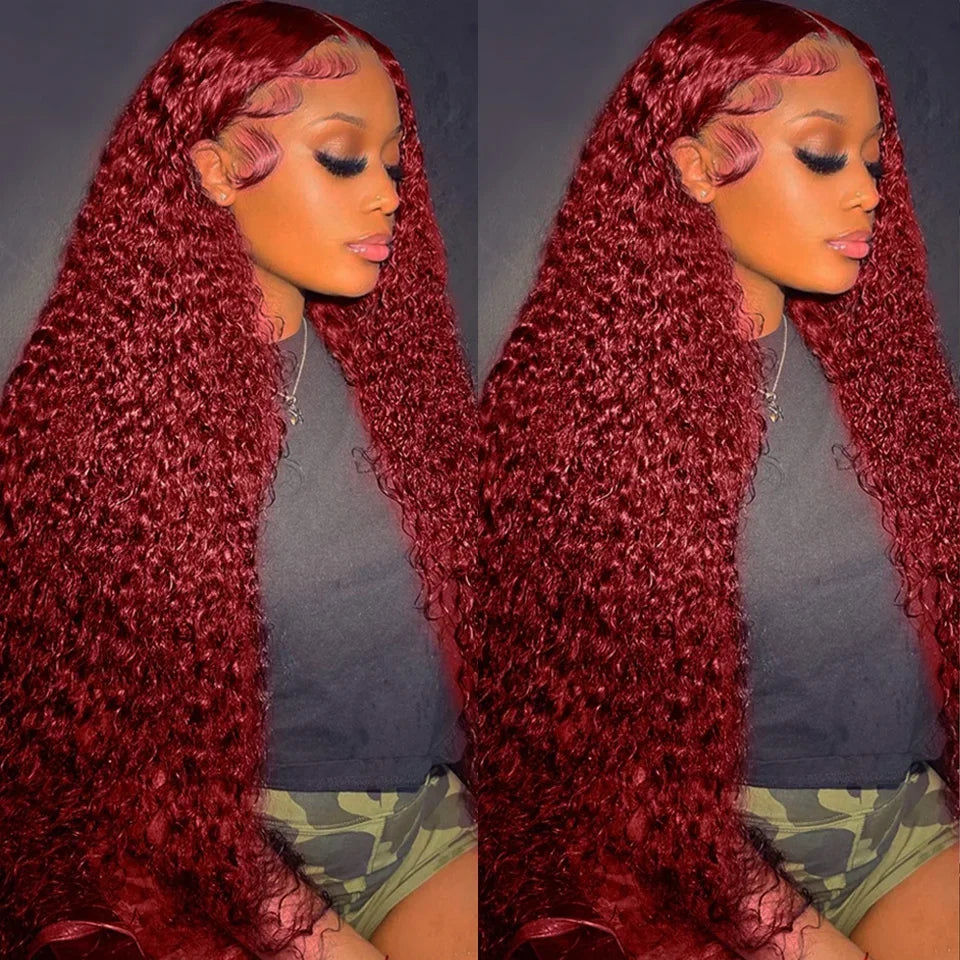 99J Burgundy Colored Deep Wave 200 Density 13x6 Transparent Lace Frontal Human Hair Wigs 44 46 Inch 13x4 HD Full Lace Front Wigs