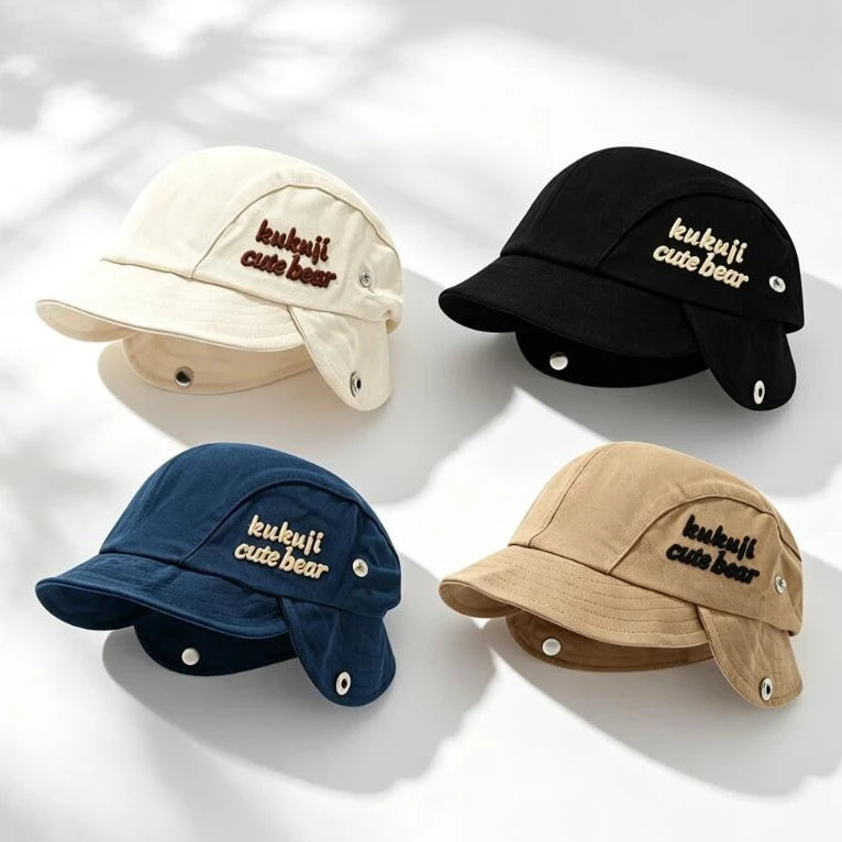 2026 Autumn Baby Earflap Hat Cute Pompom Infant Beanie Cap Solid Color Letter Embroidery Kids Boys Girls Ear Protection Caps