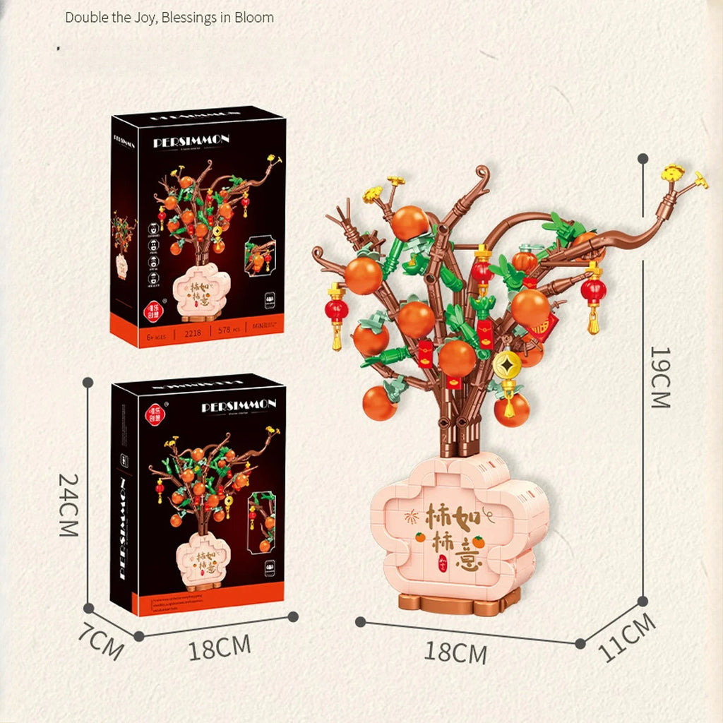 Simulated Persimmon/Flower/Bamboo Model Building Blocks Chinese-style Potted Plant Assembled Room Decoration DIY Mini Bricks Toy