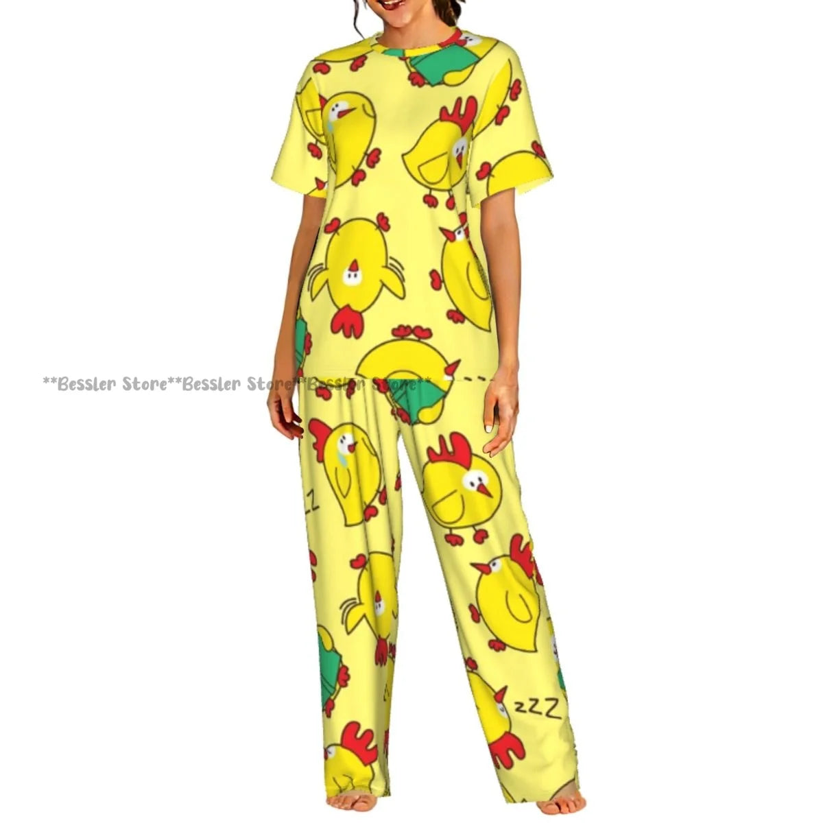 Women's 2-piece set Cartoon Chicken Pattern Pajamas Short sleeved Top and Pants Sleepwear
