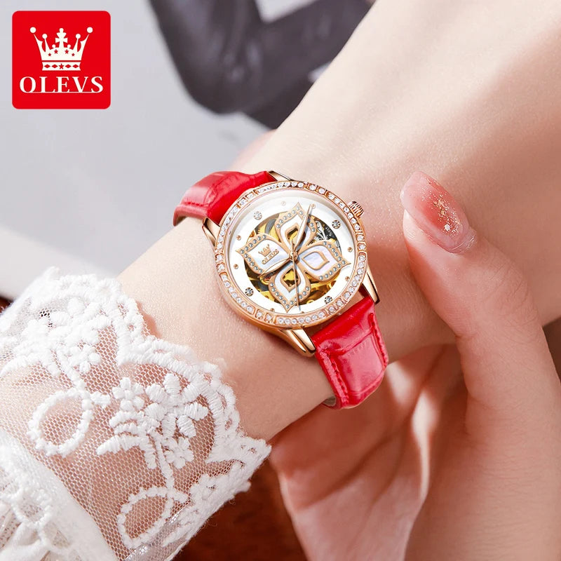 OLEVS 6612 Fashion Women's Watches Lucky Four-Leaf Clover Dial Original Brand Automatic Mechanical Wristwatch Ceramics Strap