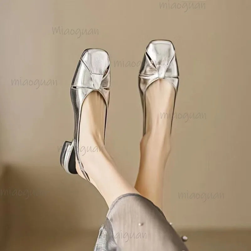 Cover Toe Low Heel Pumps Women's Sandals Gold Silver Slip on Comfortable Outwear Summer PU Leather Sandals Zapatos De Mujer