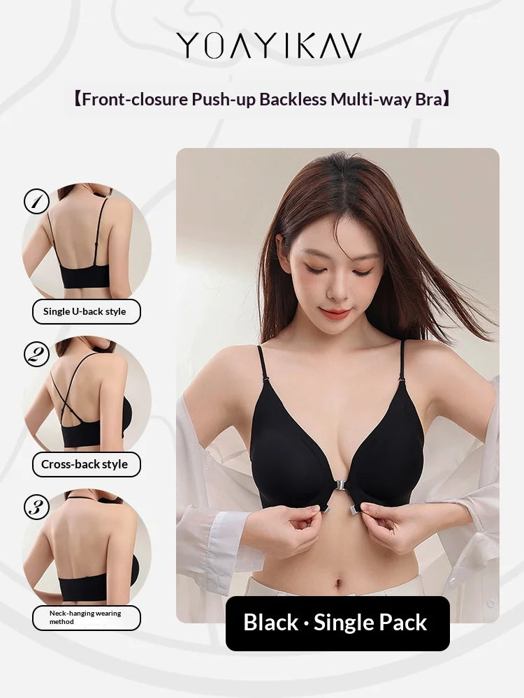 KUCLUT  Women's Front Button Cross Hanging Neck Beautiful Back Invisible Seamless Bra Gathering Without Steel Ring Underwear
