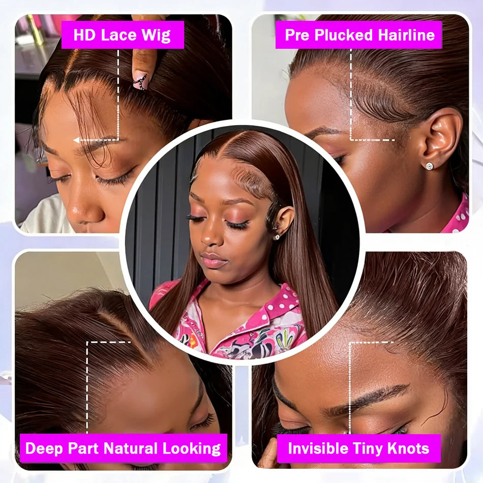 HD Chocolate Brown 13x4 Straight Lace Front Wig Brazilian 13x6 Full Lace Frontal Wigs For Women Remy Human Hair Wig Pre Plucked