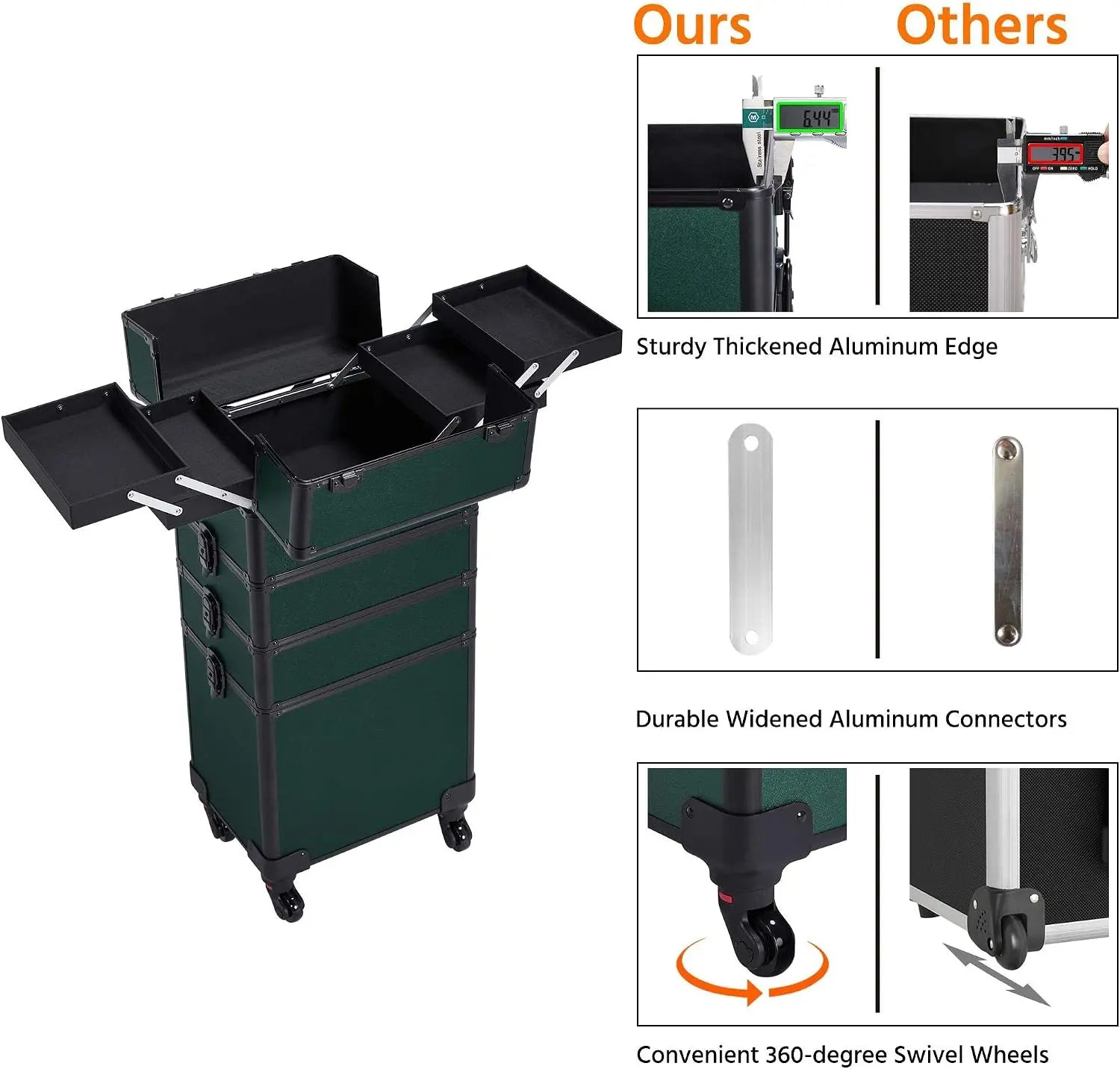 4 In 1 Rolling Makeup Train Case, Lockable Green Cosmetology Cart Aluminum Framed Cosmetic Trolley On Swivel Wheels With Stackable Accordion Trays For Nail Makeup Supplies Storage, Green