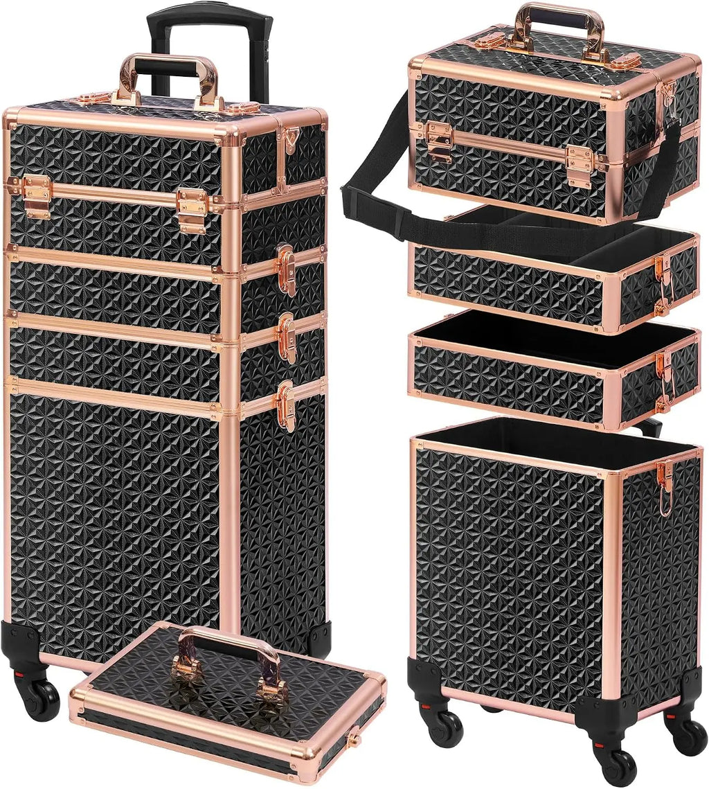 Rolling Makeup Case Makeup Train Case With Lid 5 In 1 Cosmetology Case On Wheels Large Makeup Organizers Professional Cosmetic Case For Salon Barber Black Gold