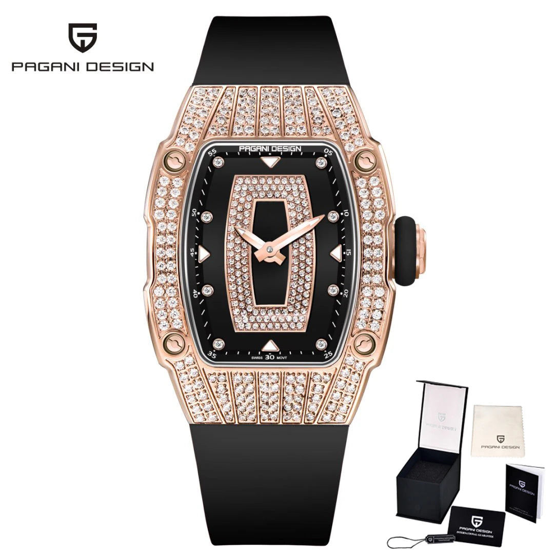 PAGANI DESIGN Top Luxury Diamond encrusted Women's Watch Fashion RubberWaterproof LuminousWine Bucket Case Women'sWatch+Gift Box