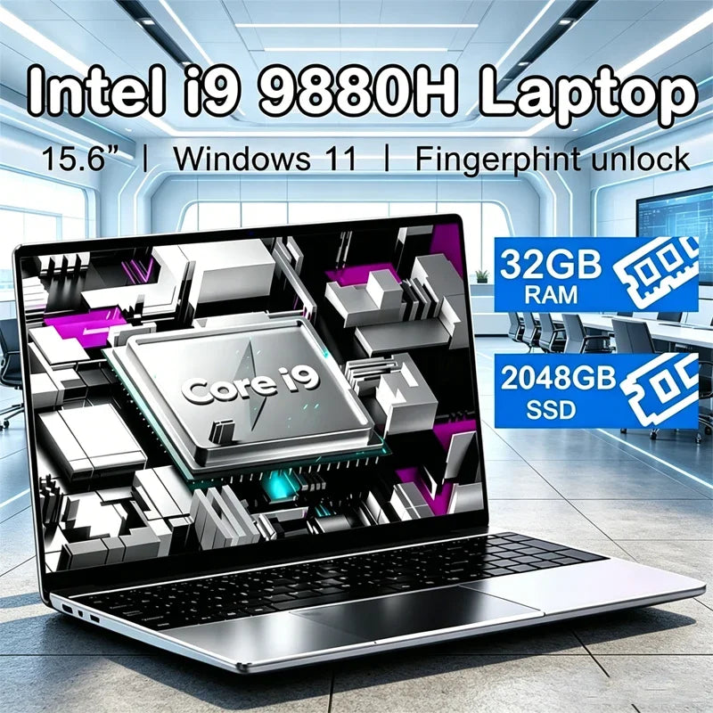 New 15.6 " Laptop Intel Core I9-9880H 32GB RAM 2TB SSD Ultra Slim Gaming Laptop 1920*1080 Windows 11 Office Study Home Use