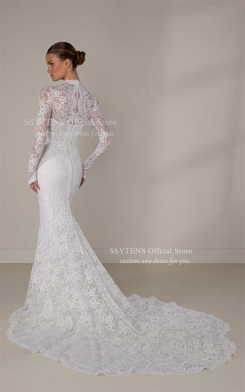 SSYTENS Luxury Lace Wedding Dresses Long Sleeves V Neck Bride Dress Detachable Bow Train Sheath Mermaid Bridal Gowns Customised