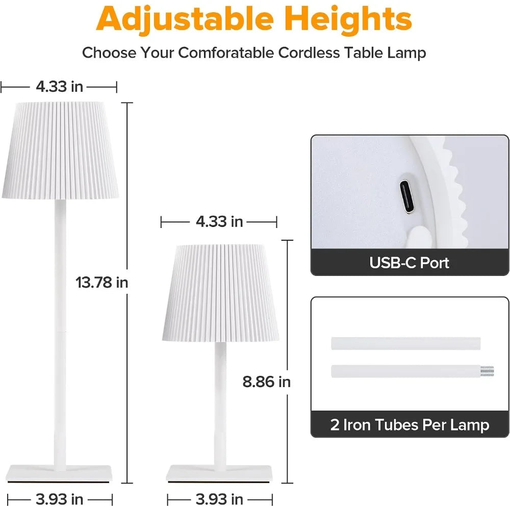 2 Pack Cordless Table Lamp 6000mAh Battery, Adjustable Heights, Waterproof, Touch Control & 3 Color Dimming