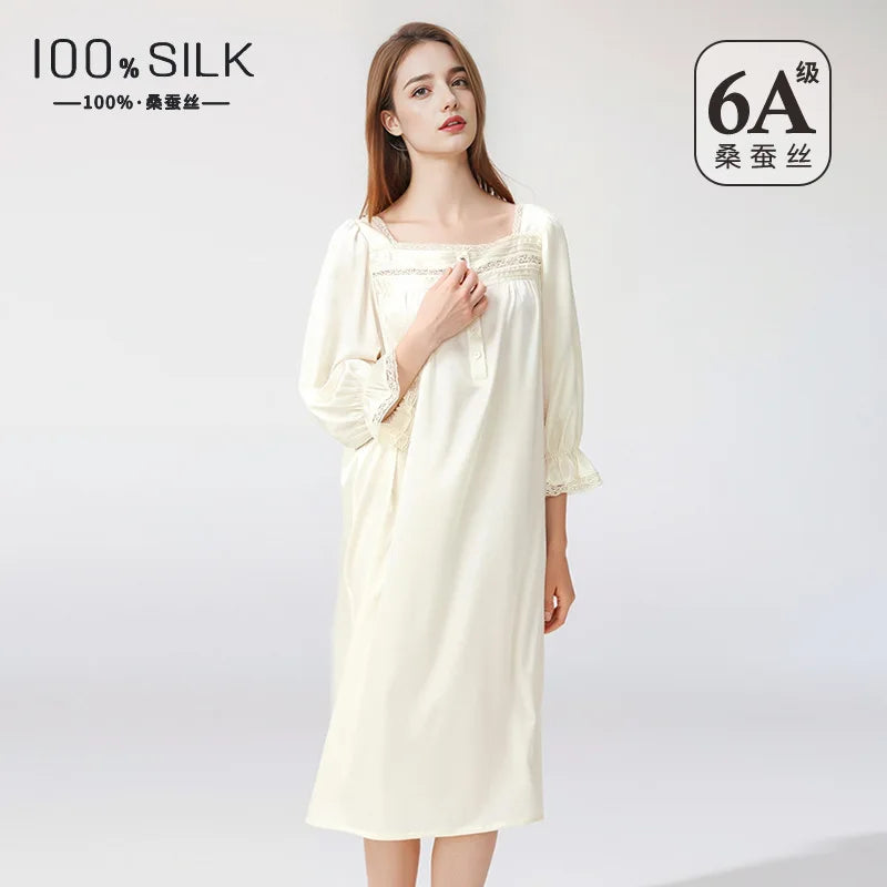 Summer New Women 100% Mulberry Silk Nightgown French Square Neck Puff Sleeve Loose Princess Dress Luxury Home Loungewear