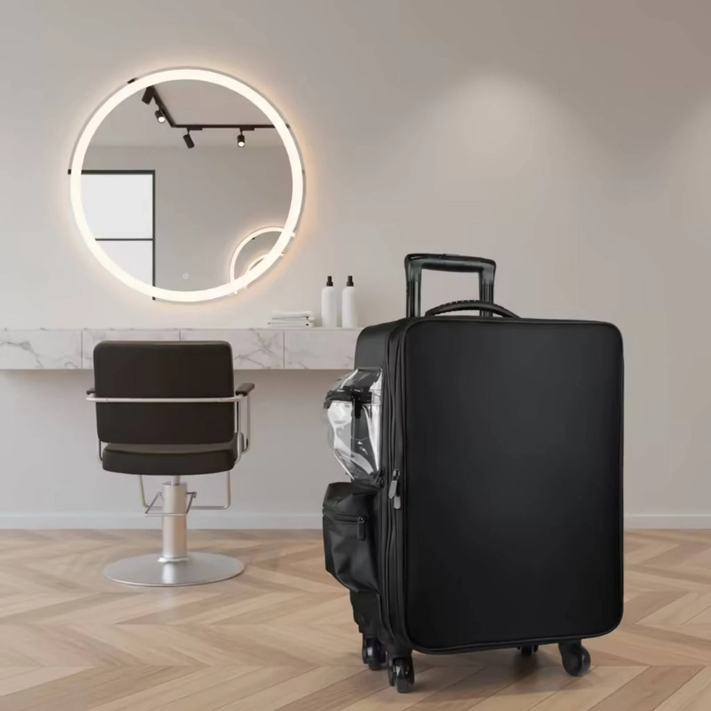 Makeup Case with Rotating Wheels Hard-Sided Sminkkoffert Med Hjul Sminkväska På Hjul Multi-Compartment Cosmetic Trolley Zippered