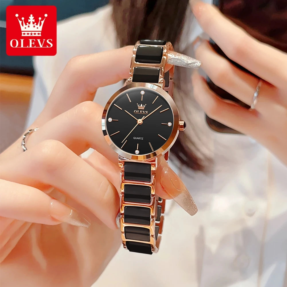 OLEVS Women Watch 5877 Luxury Elegant Quartz Watch Waterproof Luminous Ceramic Strap Ladies Watch Bracelet Set Gift Box Reloj