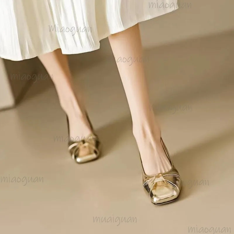 Cover Toe Low Heel Pumps Women's Sandals Gold Silver Slip on Comfortable Outwear Summer PU Leather Sandals Zapatos De Mujer