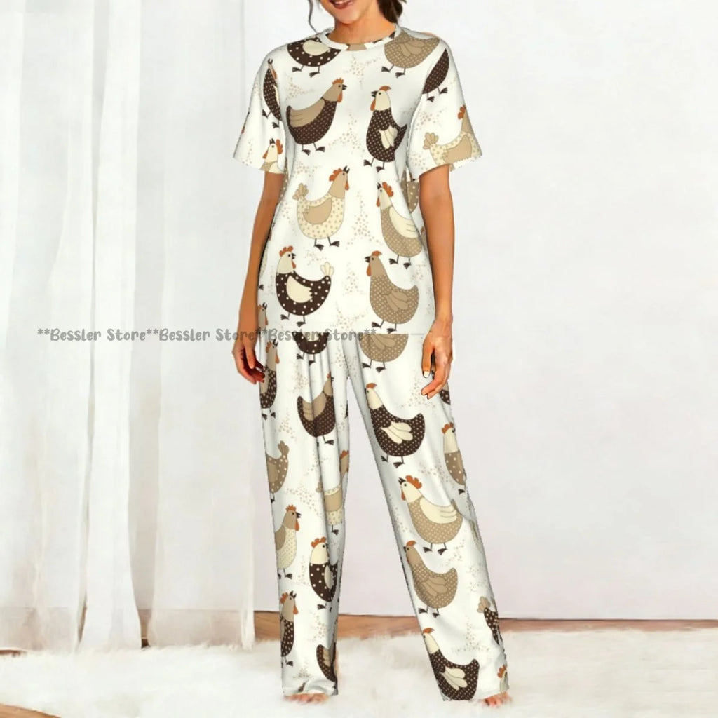 Women's 2-piece set Cartoon Chicken Pattern Pajamas Short sleeved Top and Pants Sleepwear