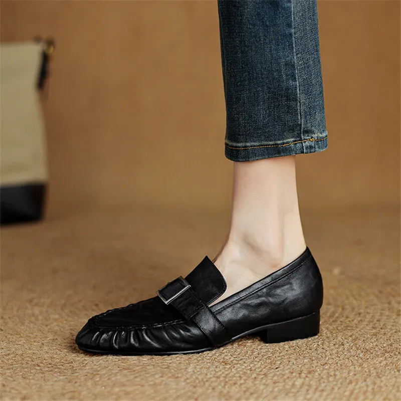 New Autumn Genuine Leather Women Pumps Fashion Pleated Round Toe Shoes for Women Thick Heel Women Loafers Zapatos Mujer Low Heel