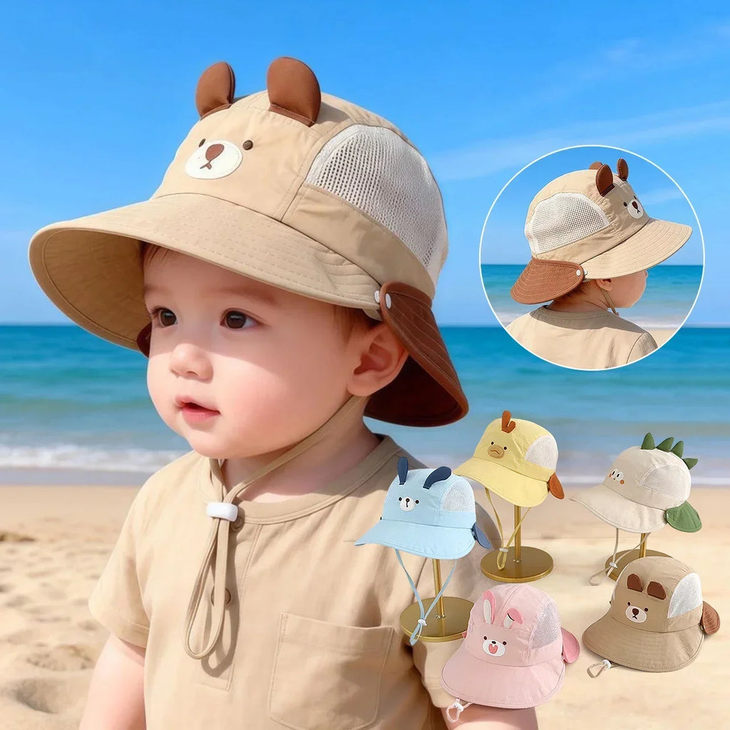 Baby Cartoon Bear Rabbit Ear Sun Hat Breathable Mesh Wide Brim Detachable Shawl UV Protection Visor Cap Summer Beach Travel Hat