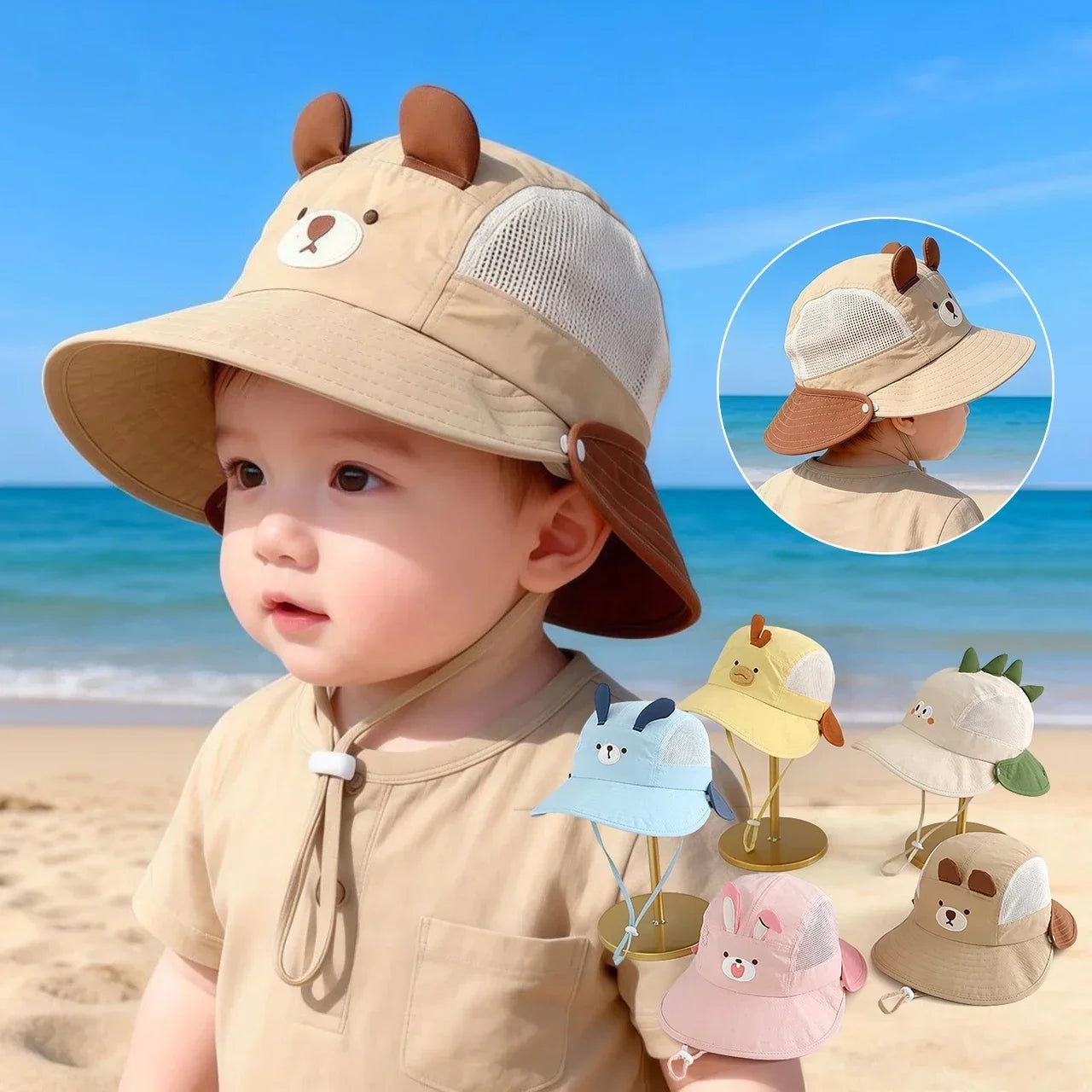 Baby Cartoon Bear Rabbit Ear Sun Hat Breathable Mesh Wide Brim Detachable Shawl UV Protection Visor Cap Summer Beach Travel Hat