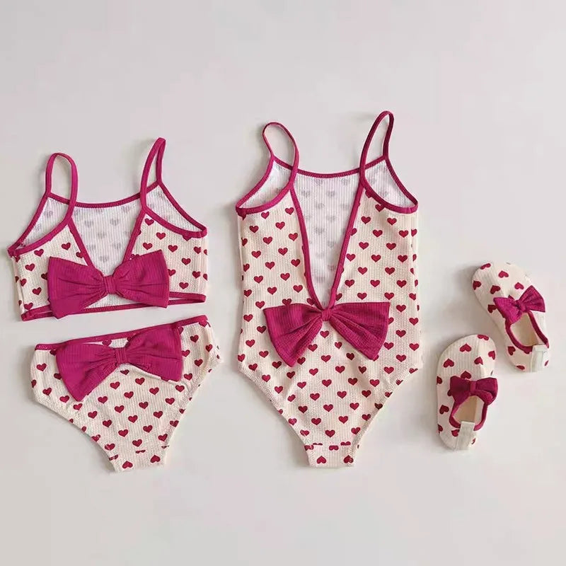 Girls Sun Hat Simple Color Contrast Heart Print Fashionable Fisherman Hat Cute Set Kids Beach Swimwear Bikinis Baby Swimsuits