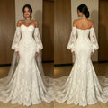 Custom 202Off Shoulder Lace Mermaid Wedding Dress Long Puff Sleeve Corset Back Bridal Gown with Cathedral Train