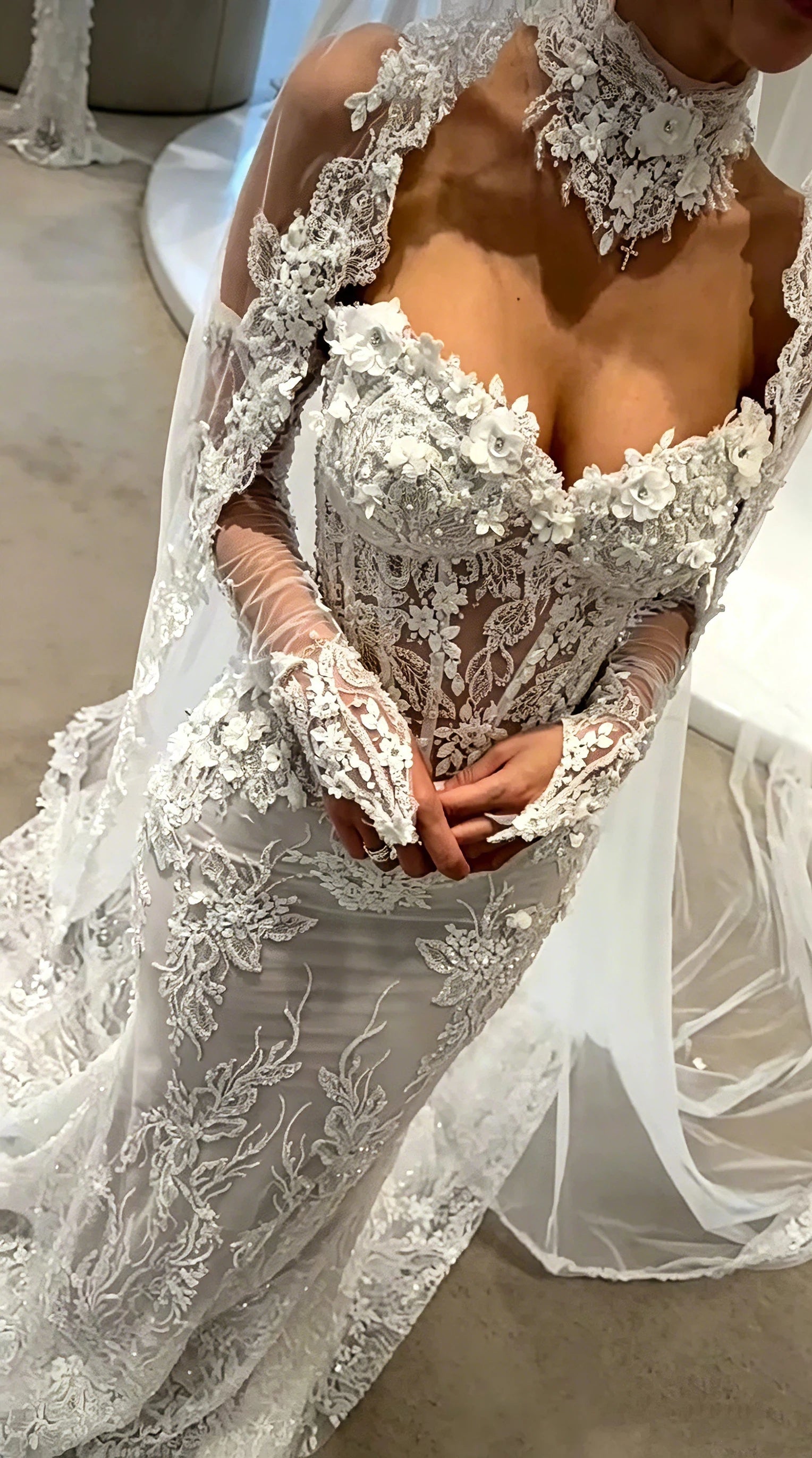 Luxury 3D Floral Lace Mermaid Wedding Dress Sweetheart Long Sheer Sleeve Sparkly Beaded Bridal Gown Vestido De Novia Customized