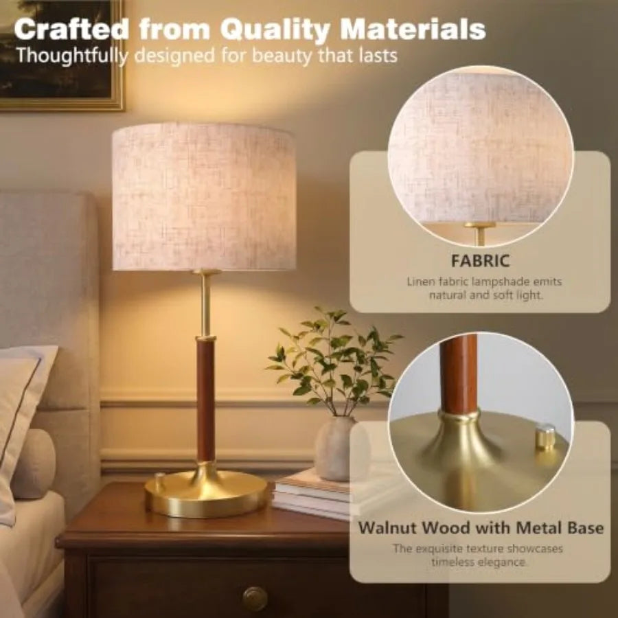 Table Lamp for Bedroom, Bedside Table Lamp with Linen Fabric Shade, Wood and Gold Metal Base, Nightstand Table Lamp for Bedroom