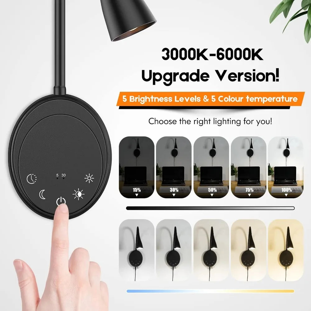 LED Wall Mount Reading Light, Touch Control, Dimmable, USB Output, Night Light & Timers, Flexible Gooseneck Bedside Light