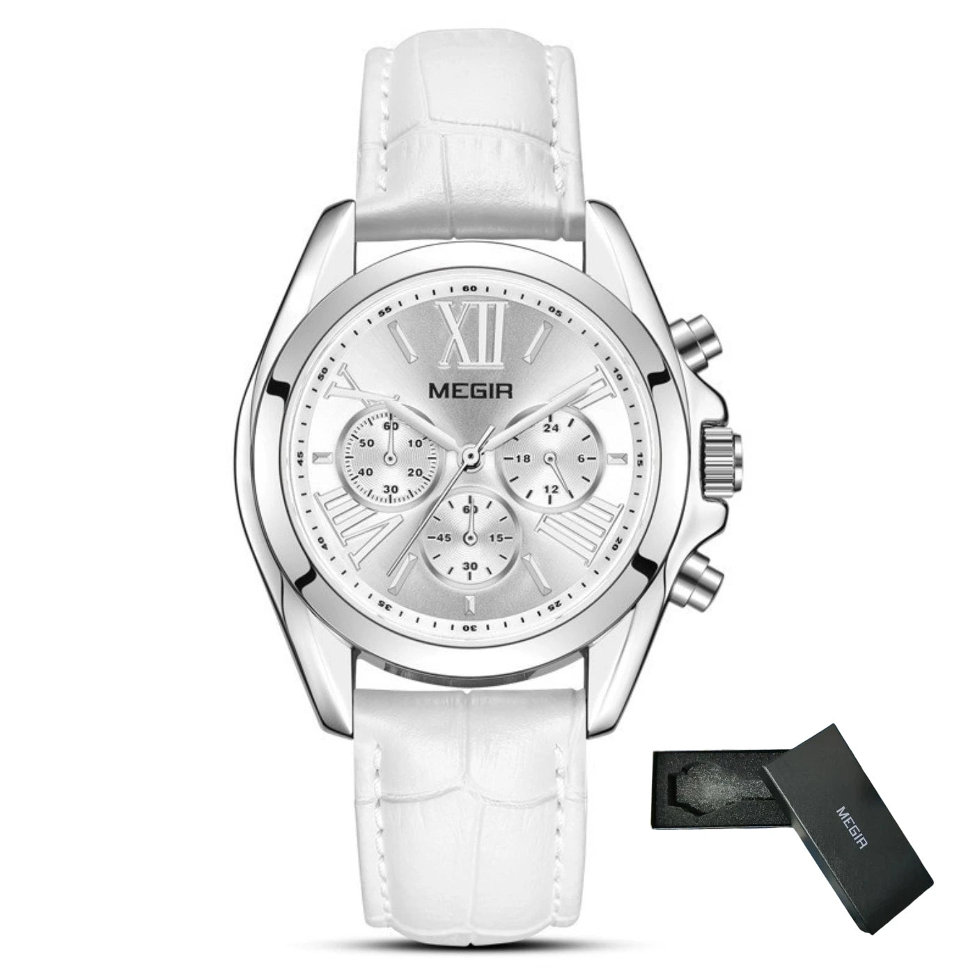 MEGIR New Luxury Leather Watch Women Female Top Brand Chronograph Quartz Wristwatch Lady Relogios Femininos Clock 2114 White